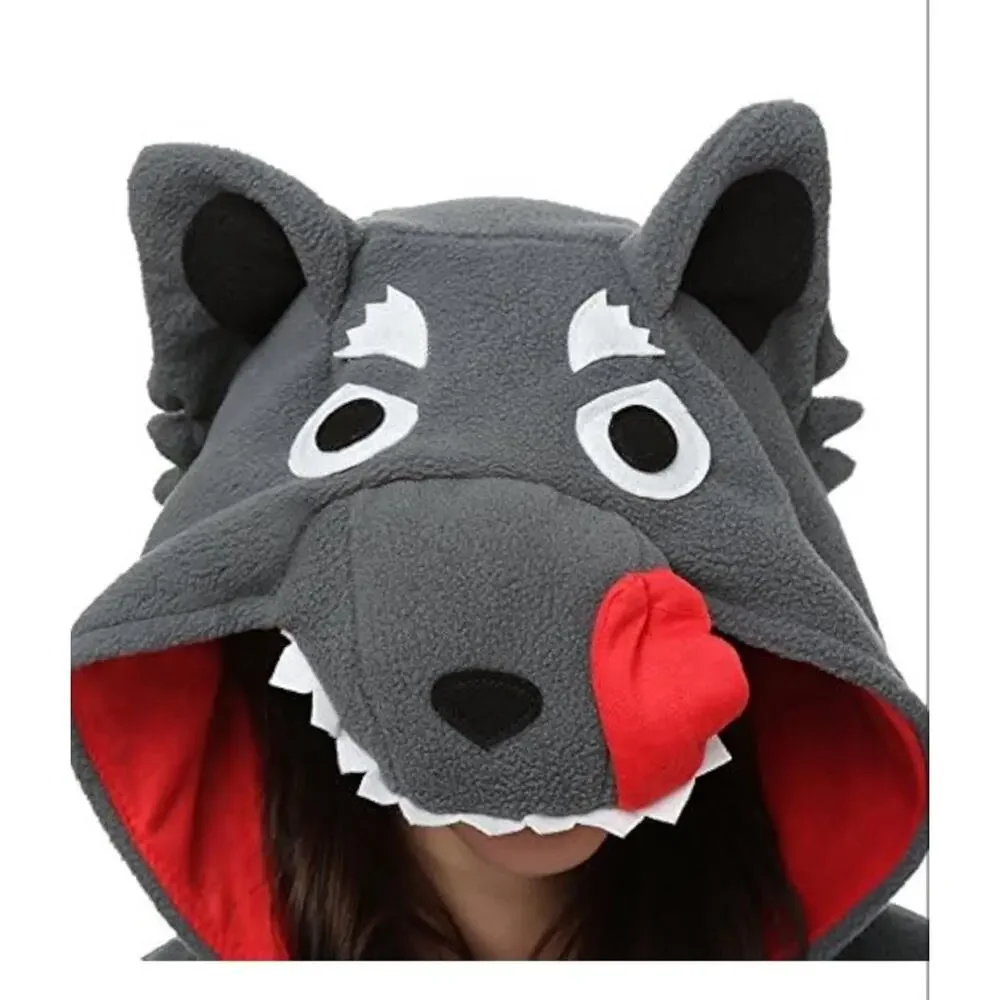 Adult Small Gray Wolf Monster Pajamas Costume Hooded‎ Jumpsuit Halloween NEW